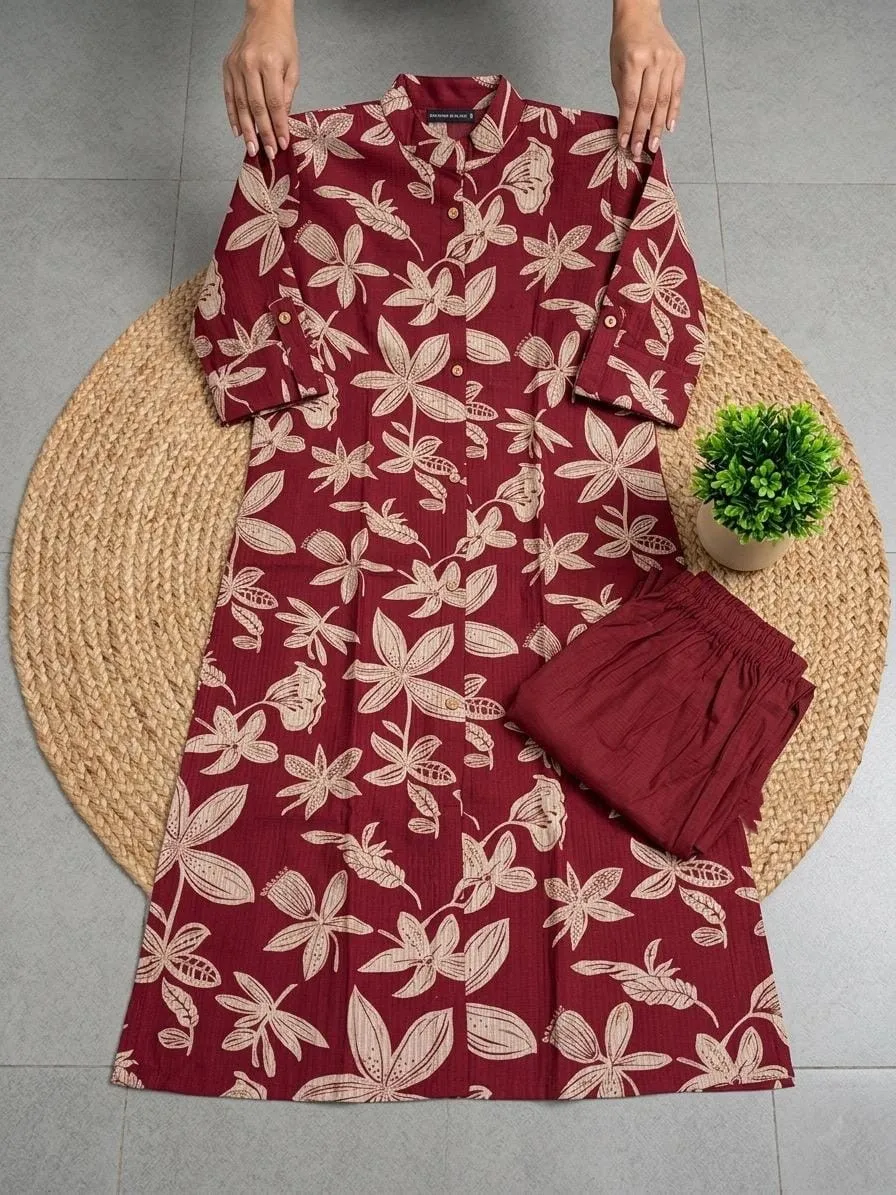 Maroon Beige Floral Print Kurta Set